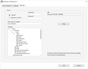 Hardware configuration dialog window of Sensoft, OPC UA page